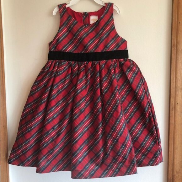 GYMBOREE Red Tartan Plaid Sleeveless Black Velvet Bow Dress 5T - Picture 1 of 14